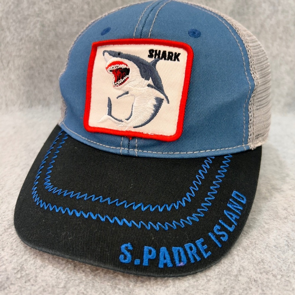 Shark Patch Mens Blue Lucky 7 Trucker Hat S. Padre Island Snapback Mesh Cap OSFM